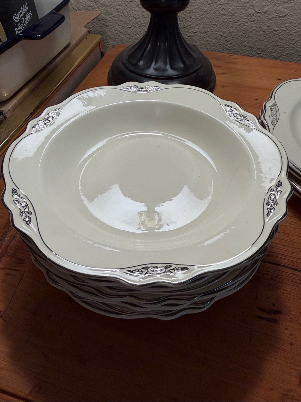 Homer Laughlin Ivory Soup Bowls with Silver Floral Trim set of 9